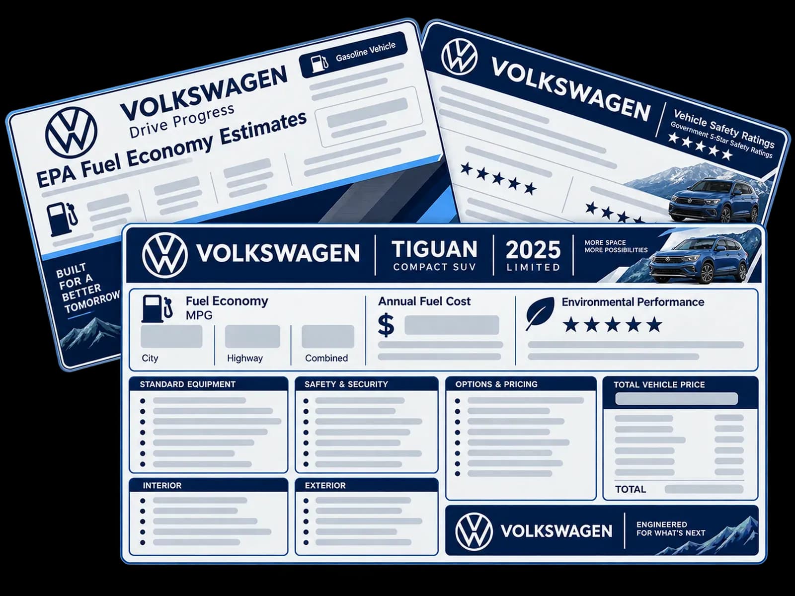 Volkswagen window sticker sample showing EPA fuel economy, safety ratings and factory equipment